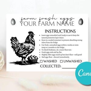 Plantilla de instrucciones de etiqueta para tarjeta de cuidado de manipulación de huevos, tarjeta de presentación editable con instrucciones de manipulación segura de huevos frescos, plantilla de tarjeta de huevos editable