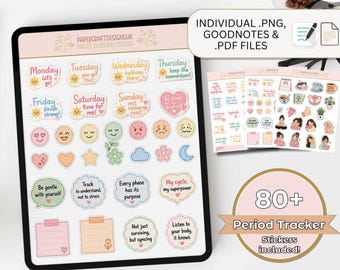 Period Tracker Digital Stickers 80+ PNG GoodNotes PDF Cycle Tracker Self Care Planner Stickers Menstrual Health Digital Download