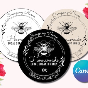 May include: Three round labels with black and white text and illustrations of bees. The labels are for honey and read "Company Name", "Homemade Local Organic Honey 100g", and "Homemade Local Organic Honey".