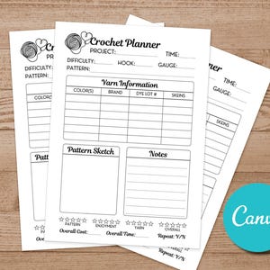 May include: Printable crochet planner with sections for project details, yarn information, pattern sketch, notes, and ratings. The planner includes fields for project name, difficulty, pattern, hook size, time, gauge, yarn brand, dye lot number, skeins, and color. The planner also includes a section for notes and a rating system for pattern, enjoyment, yarn, and overall experience.