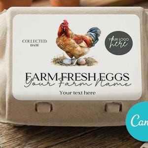 May include: A beige cardboard egg carton featuring a rectangular label with a watercolor illustration of a rooster standing over eggs in a nest. The label includes the text COLLECTED: DATE, YOUR LOGO here, FARM FRESH EGGS, Your Farm Name, and Your text here.