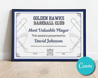 Bewerkbare certificaatsjabloon honkbalsport Award cadeau, afdrukbare honkbalprijzen DIY-certificaatsjabloon teamprijs, prijs einde seizoen