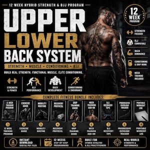 May include: A fitness program graphic with the text "Upper Lower Back System" in gold. The image includes icons for strength, muscle, conditioning, and BJJ, along with a complete fitness bundle with guides and trackers. A muscular man is featured in the background.