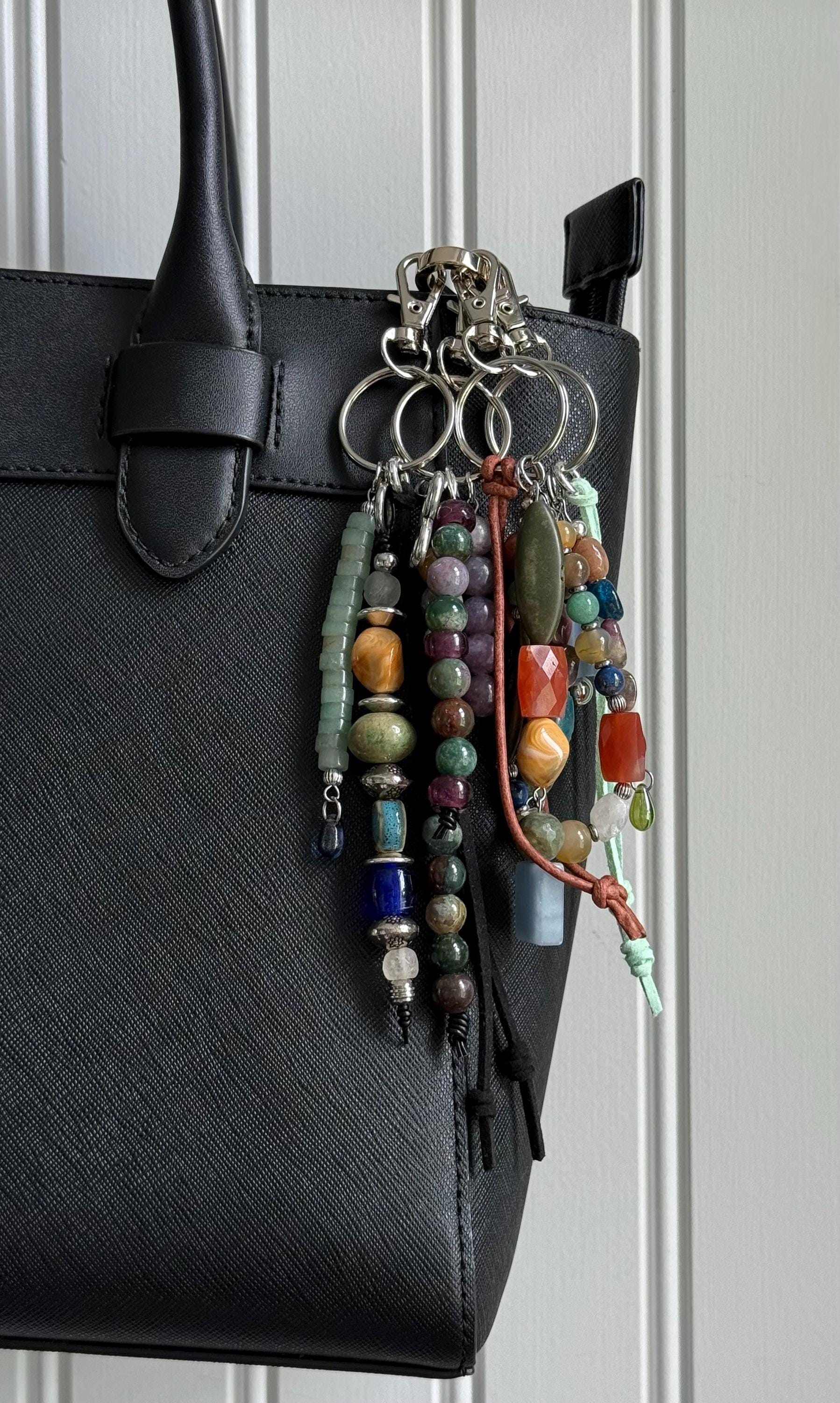 Beaded Bag Charm: Gemstone, Vintage Glass & Stainless Steel