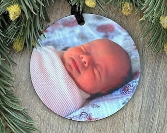 Baby's First Christmas Double Sided Custom Wood Photo Ornament, Personalized Baby Ornament, 3 Inch Round