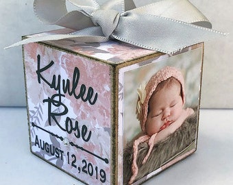 Baby's First Christmas Ornament in Floral, Personalized Photo Block Ornament Keepsake, Photo Ornament