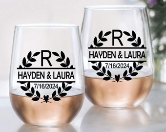 Personalized Wine Glass Decal, Laurel Wreath Monogram With Names And Date, Wedding Wine Glass Decal, Glasses NOT Included