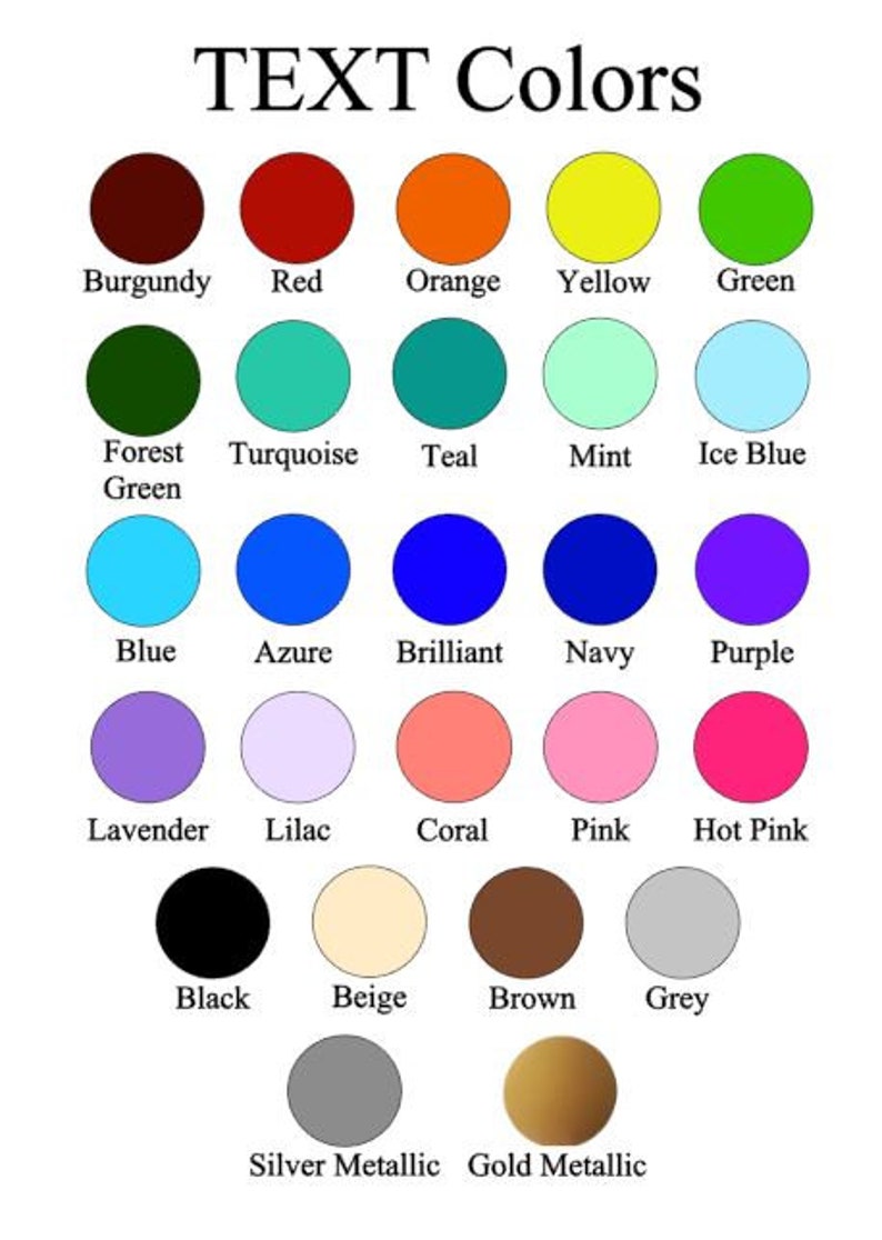 Puede incluir: Una tabla de 20 muestras de colores diferentes con los nombres de cada color enumerados debajo. Los colores incluyen burdeos, rojo, naranja, amarillo, verde, verde bosque, turquesa, azul verdoso, menta, azul hielo, azul, azul celeste, brillante, azul marino, morado, lavanda, lila, coral, rosa, rosa intenso, negro, beige, marr&oacute;n, gris, plata metalizado y oro metalizado.