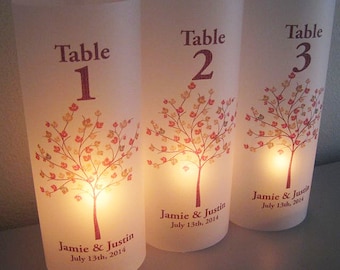 Wedding Table Number Luminaries, Custom Wedding Centerpiece,Personalized Wedding Luminary Table Numbers with Fall Tree, Candles NOT included