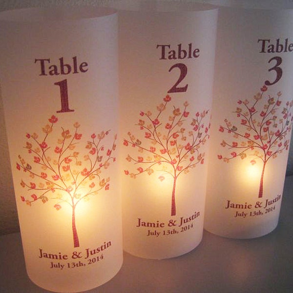 Wedding Table Number Luminaries, Custom Wedding Centerpiece,Personalized Wedding Luminary Table Numbers with Fall Tree, Candles NOT included