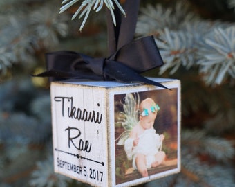 Rustic Baby's First Christmas Ornament in Wood Grain, Personalized Photo Block Ornament Keepsake, Photo Ornament