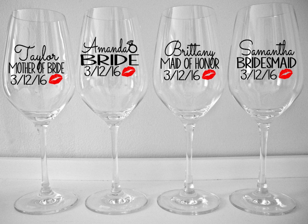 Personalized Bridal Party Wine Glass Decals With Lips, Custom Wedding