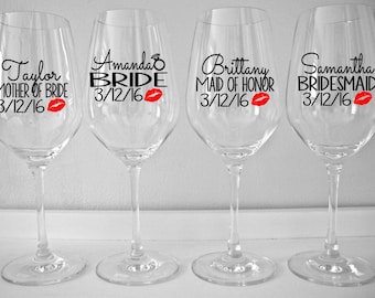 Personalized Bridal Party Wine Glass Decals with Lips, Custom Wedding Party Wine Glass Decals with Title and Date. Glasses NOT Included