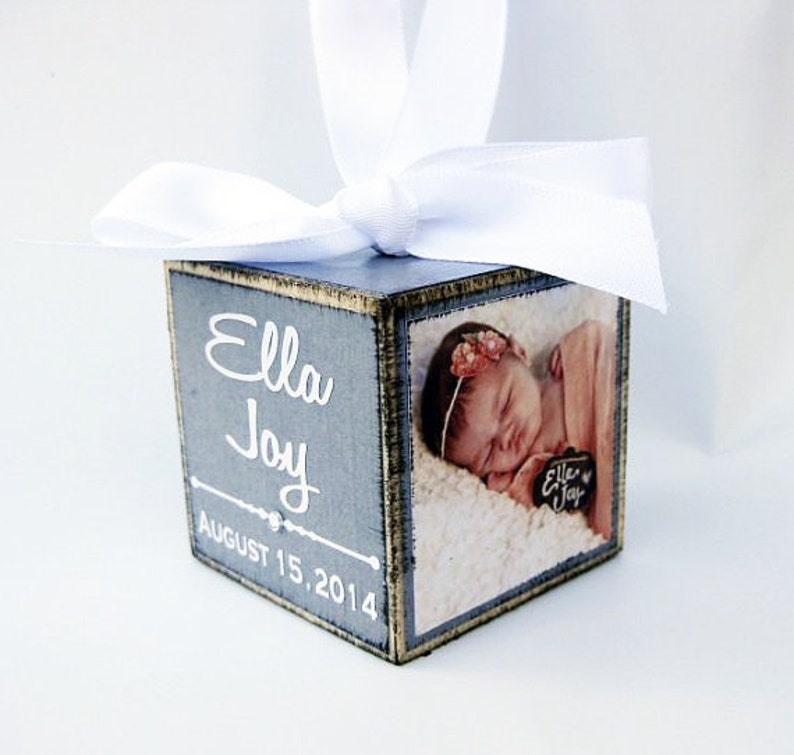 Baby's First Christmas Ornament in Soft Grey, Personalized Photo Block Ornament Keepsake, Photo Ornament 