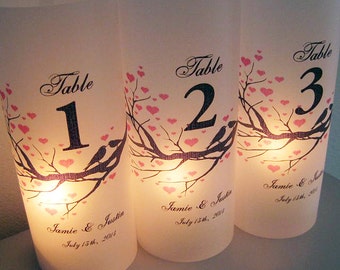 Wedding Luminaries, Heart Branch Personalized Wedding Table Number Luminary with Love Birds, Candles NOT Included