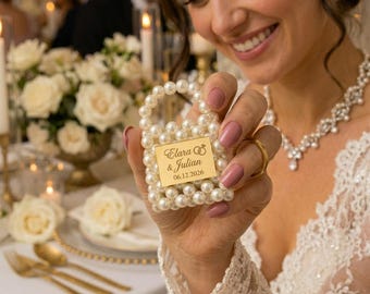 Bolsitas de perlas personalizadas para recuerdos de boda, etiqueta dorada personalizada, regalo para despedida de soltera (paquete de 50)