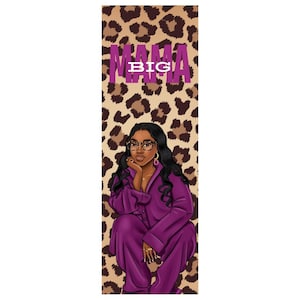 May include: A digital illustration of a woman with dark skin wearing a purple jumpsuit and glasses. She is sitting with her chin resting on her hand. The background is a leopard print pattern with the text "BIG MAMA" in purple letters.