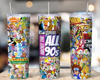 90s Cartoon TV Shows 20 oz 20oz Sublimation Collage Tumbler Wrap Designs Water Bottle  instant Digital Download I Love the 90s PNG SVG