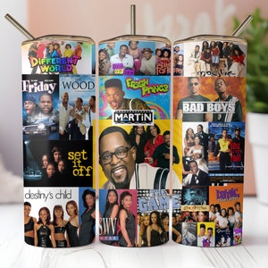 Könnte beinhalten: Drei Edelstahlbecher mit einer Collage von Bildern aus beliebten Filmen und Fernsehsendungen der 90er Jahre, darunter "Der Prinz von Bel-Air", "Martin", "Bad Boys", "Freitag", "Set It Off", "Eine andere Welt", "Moesha", "The Game", "Living Single", "SWV" und "Destiny's Child".