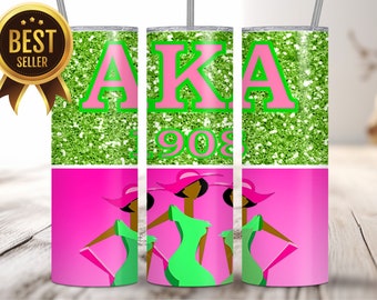AKA Sorority Gifts Pink  Green Glitter Tumbler Sublimation Wrap Design png svg Personalized Custom Alpha Kappa Alpha Sorority Crossing Gifts