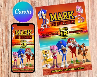 Sonic verjaardagsuitnodiging, Super Sonic Hedgehog Boys Girl uitnodiging feestuitnodiging, bewerkbare Sonic Invite Canva-sjabloon + bonuscadeau