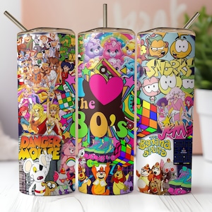I Love the 80's Cartoon Collage 20oz 20 oz Skinny Tumbler Wrap 80's Waterbottle Baby Sublimation Design Instant Digital Download PNG