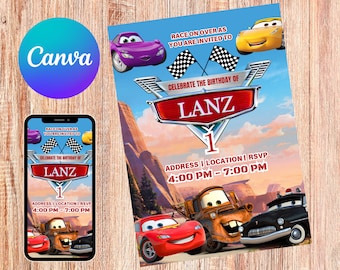 Editable Hot Cars Birthday Party Invitation | Wheels Birthday Invitation | Race Cars Invitation | Canva DIGITAL Editable Printable Invite