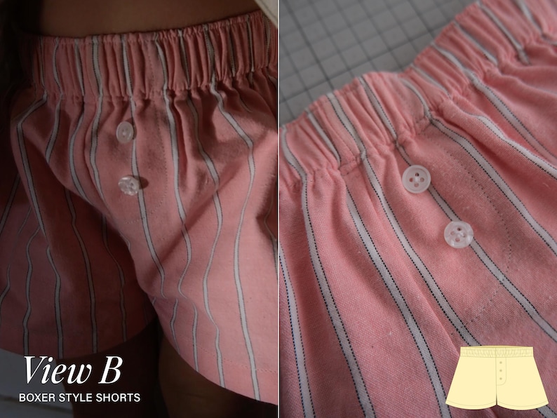 May include: Pink boxer-style shorts featuring a vertical white and dark stripe pattern, an elasticized waistband, and a front placket with two white buttons. The image includes the text View B BOXER STYLE SHORTS and a yellow graphic illustration.