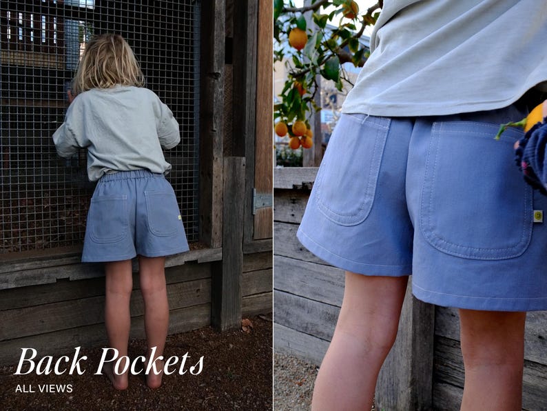 May include: Light blue shorts featuring an elastic waistband and two large patch pockets on the back. The shorts are made of a solid-colored fabric and include a small rectangular tag on the side seam of the right pocket. The design is simple.