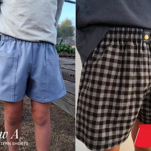 May include: Two pairs of shorts. The left pair is solid blue with two large front patch pockets and an elastic waistband. The right pair features a black and white gingham check pattern, an elastic waistband, and a small black label with a yellow circle.