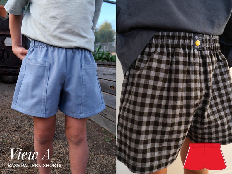 May include: Two pairs of shorts. The left pair is solid blue with two large front patch pockets and an elastic waistband. The right pair features a black and white gingham check pattern, an elastic waistband, and a small black label with a yellow circle.