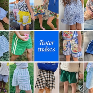 May include: A collage of children's shorts in various colors and patterns, including solid blue, yellow, green, and plaid designs. Some shorts feature side stripes, ruffled hems, or patch pockets. The center square displays the text Tester makes.