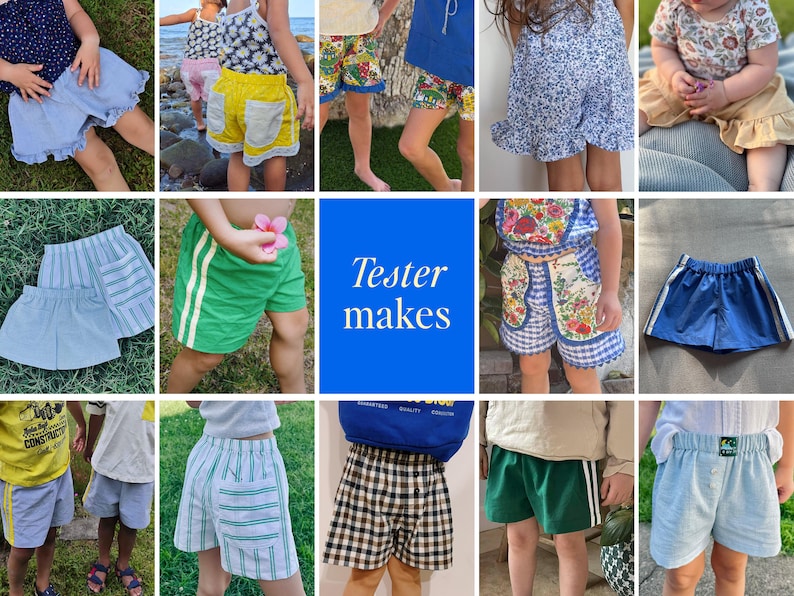 May include: A collage of children's shorts in various colors and patterns, including solid blue, yellow, green, and plaid designs. Some shorts feature side stripes, ruffled hems, or patch pockets. The center square displays the text Tester makes.