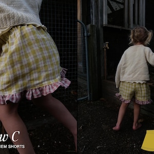 May include: Yellow and white plaid shorts featuring a pink and white checkered ruffle hem and an elastic waistband. The text View C RUFFLE HEM SHORTS is visible in the bottom left corner, alongside a yellow graphic illustration of the shorts.
