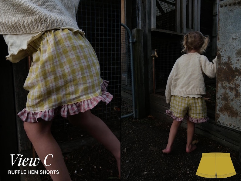 May include: Yellow and white plaid shorts featuring a pink and white checkered ruffle hem and an elastic waistband. The text View C RUFFLE HEM SHORTS is visible in the bottom left corner, alongside a yellow graphic illustration of the shorts.