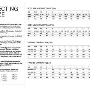 May include: A black and white size guide chart for children's clothing, featuring tables for body measurements and finished garment sizes in both inches and centimeters. The text includes instructions for selecting a size and a reference for age ranges.