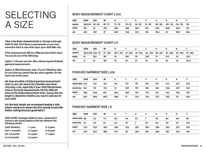 May include: A black and white size guide chart for children's clothing, featuring tables for body measurements and finished garment sizes in both inches and centimeters. The text includes instructions for selecting a size and a reference for age ranges.