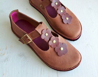 PETALSTRAP vintage fairytale shoes, in Brew / Chestnut leather. Handmade Womens barefoot comfort shoe, Made in England.