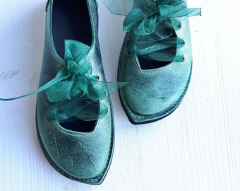 PUCK fairy shoes, in Ivy green distressed leather. Handmade Womens barefoot comfort shoe, Made in England.