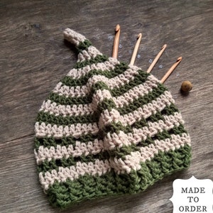 INKCAP Gnome Hat. Handmade To Order. Fern green / Parchment stripes. Pointy Hat for Woodlanders. Cottage Cosy Crochet. image 2