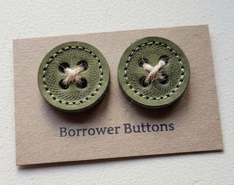 Large Handmade Leather Buttons – Knitting Buttons – Knitter Gift – Set of 2 - Moss green