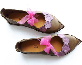 UK 5, Handmade womens Shoes, Leather Fairytale shoe ESTHER #3229 olive lavender