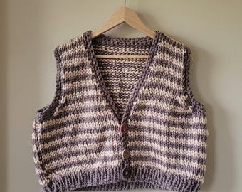 Rook - V Neck Waistcoat – Hand-Knit Wool | Relaxed Fit, Cottagecore Style - Mini stripe. No.5242