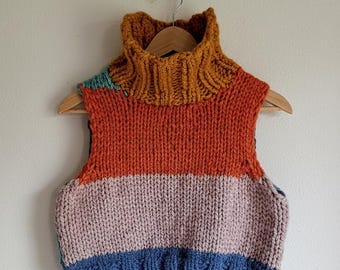 Woodlark - Roll Neck Vest – Hand-Knit Wool | Relaxed Fit, Woodland Style - Mustard stripe.