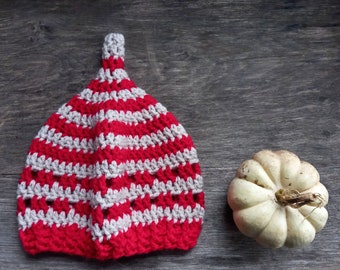 INKCAP Gnome Hat. Handmade To Order. Toadstool Red / Parchment stripes. Pointy Hat for Woodlanders. Cottage Cosy Crochet.