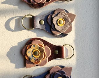 Leather Flower Keyring, Handmade Bag Charm, Floral Key Fob, Cottagecore Ragglebloom Brown