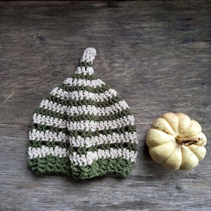 INKCAP Gnome Hat. Handmade To Order. Fern green / Parchment stripes. Pointy Hat for Woodlanders. Cottage Cosy Crochet. image 1