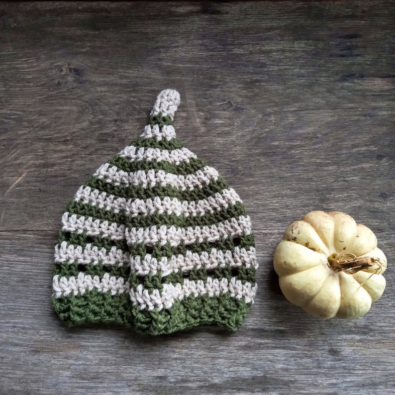 INKCAP Gnome Hat. Handmade To Order. Fern green / Parchment stripes. Pointy Hat for Woodlanders. Cottage Cosy Crochet. image 1