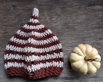 INKCAP Gnome Hat. Handmade To Order. Conker brown / Parchment stripes. Pointy Hat for Woodlanders. Cottage Cosy Crochet.