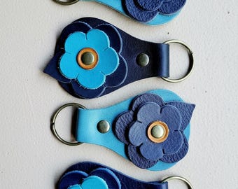 Flower Keyring, OOAK Leather Bag Charm, Handmade Key Fob, Rustic Cottagecore Gift - blue
